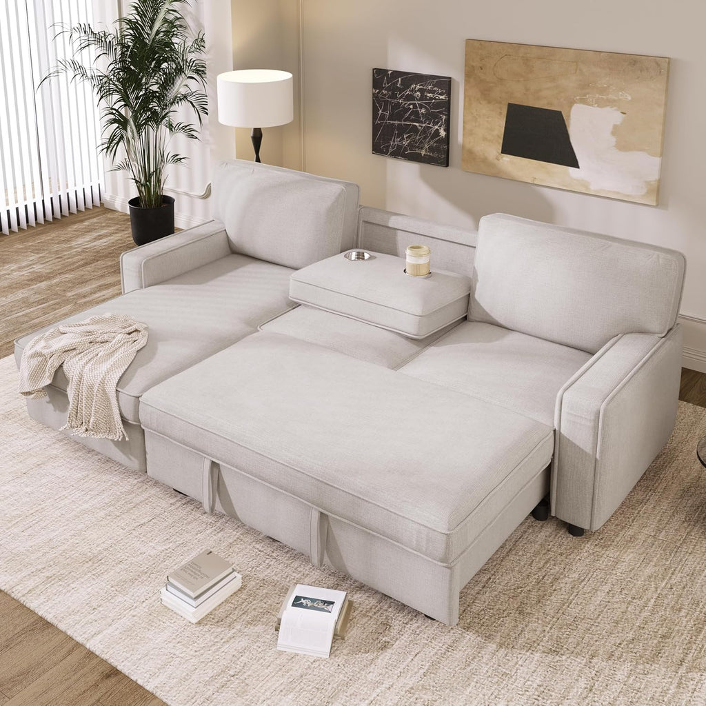 LUMISOL 89' Convertible Sleeper Sofa Bed, Modern L-Shaped Sectional Sofa Pull Out Couch with Chaise, Chenille Sofa Bed with Cup Holder, USB Ports for Living Room, Small Apartment, Beige