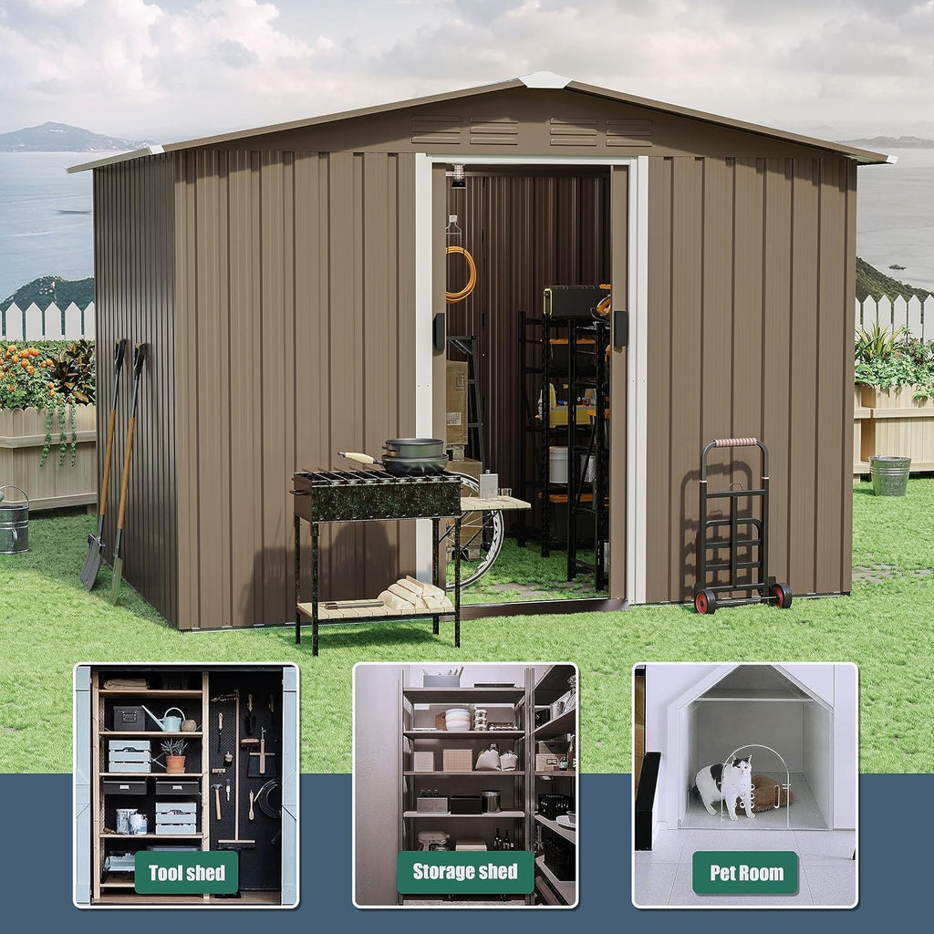 8FT x 6FT Outdoor Storage Shed,Waterproof Lockable Door Metal Tool Shed with Sliding Door and Air Vents,Storage House for Gardening Tools,Metal Storage Shed for Garden,Backyard,Lawn