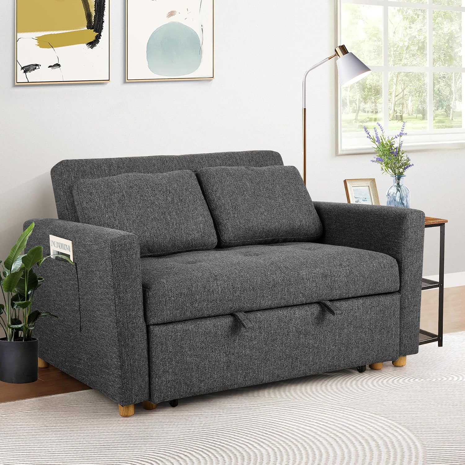 SEJOV Sleeper Sofa, 3-in-1 Convertible Pull Out Couch Bed Futon Sofa, Linen Fabric Loveseat with 2 Pillows and Adjustable Backrest, Chaise Lounge for Small Spaces Apartment Dorm, Office, Black