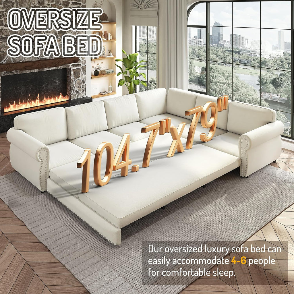 118' L-Shaped Sleeper Couch Bed - Oversize Convertible with Pull-Out Sofa Bed, Button Tufted Chesterfield Sofa, Chenille Sectional Vintage Couches for Living Room/Apartment(6-Seater, Beige)