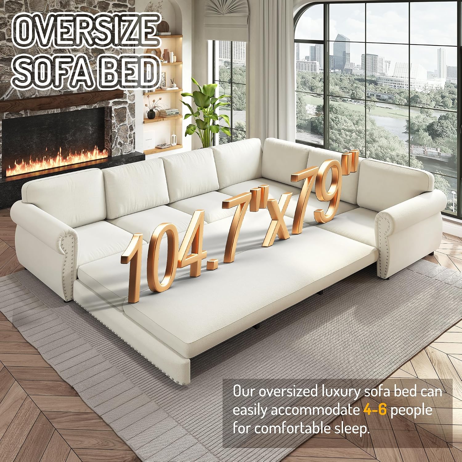 118' L-Shaped Sleeper Couch Bed - Oversize Convertible with Pull-Out Sofa Bed, Button Tufted Chesterfield Sofa, Chenille Sectional Vintage Couches for Living Room/Apartment(6-Seater, Beige)
