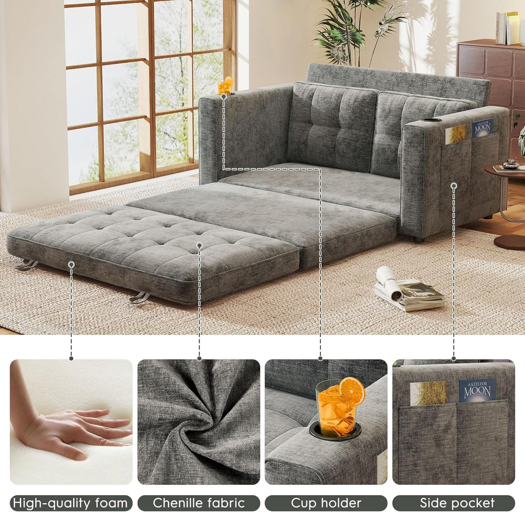 55' Convertible Folding Sofa Bed, Pull Out Couch Love Seat Sleeper Bed, Small Fold Out Loveseat sleeper with Cup Holder and Pillow for Small Space, Bedroom Lounge, Dorm, Living Room(Grey Chenille)