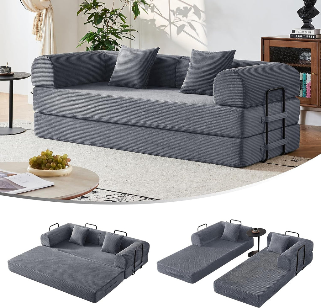 79' 5-in-1 Convertible Sleeper Sofa, No Assembly Fixed Frame Corduroy Couch, High-Density Foam Fold Out Bed for Small Spaces, Living Room, Dorm (Dark Gray)