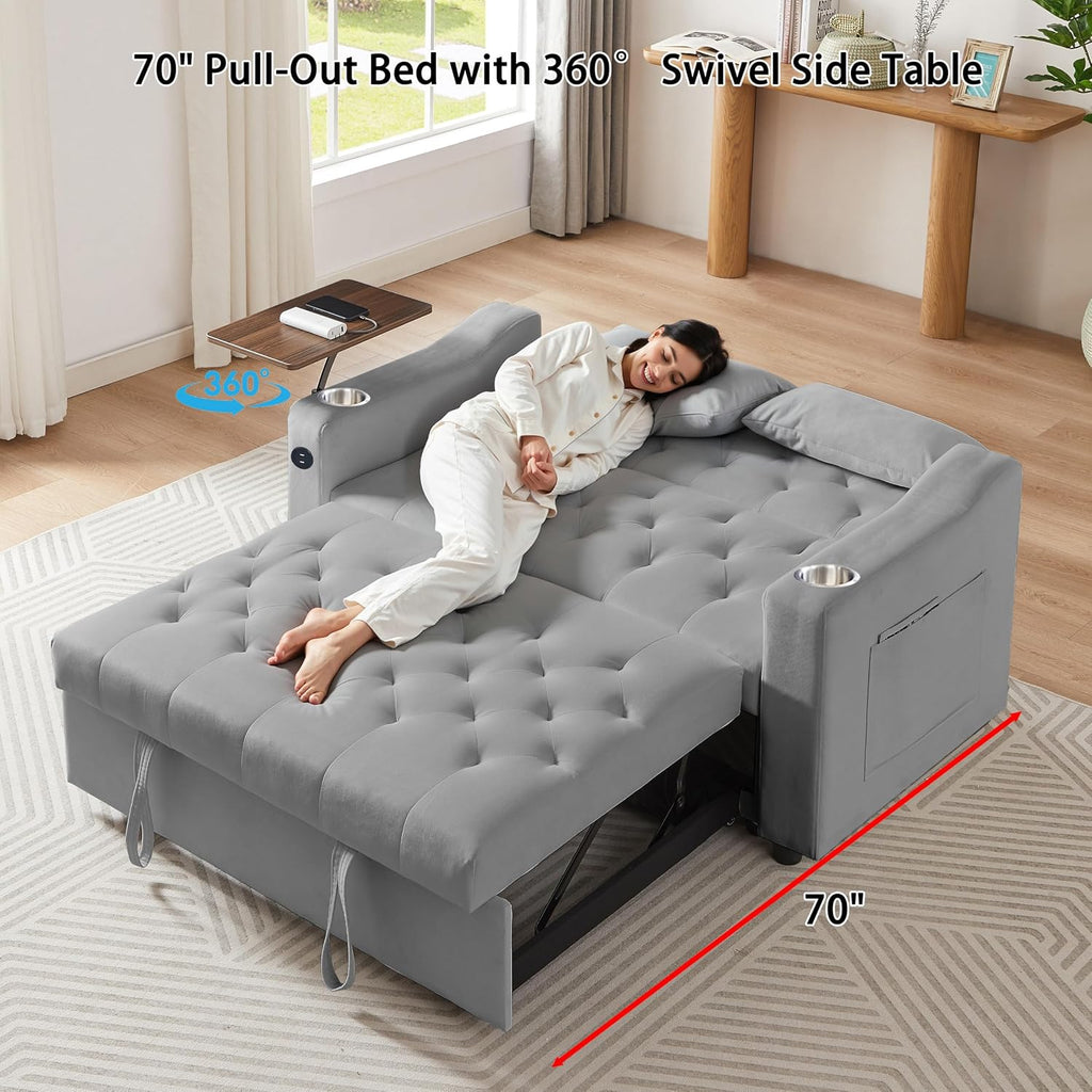 Auvsoce 53'' Convertible Sleeper Sofa Bed with Adjustable Backrest, Chaise Lounge, Side Table & Two Pillows – Stylish & Functional Addition to Any Living Room (Modern Grey)