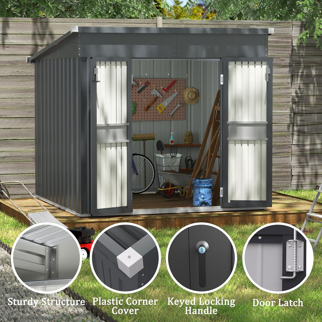 BlueWish 7'x8' Metal Storage Shed, Outdoor Storage Shed with Sloped Galvanized Roof, Patio Utility Tool Shed Storage House with 2 Vents for Backyard and Garden, Gray