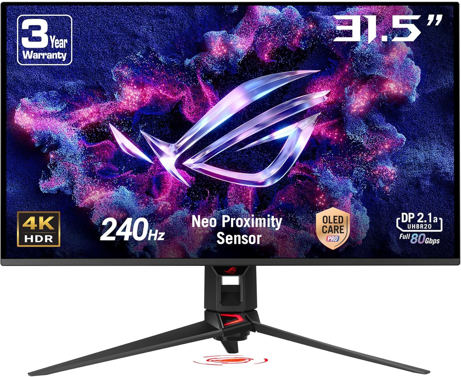 ASUS ROG Swift OLED PG32UCDMR, 31.5' Gaming Monitor, 4K QD-OLED (3840 x 2160), 0.03ms (GTG), 240Hz, Compatible with G-Sync, USB-C and USA-A Ports, DisplayPort, HDMI, DisplayWidget Center, Black