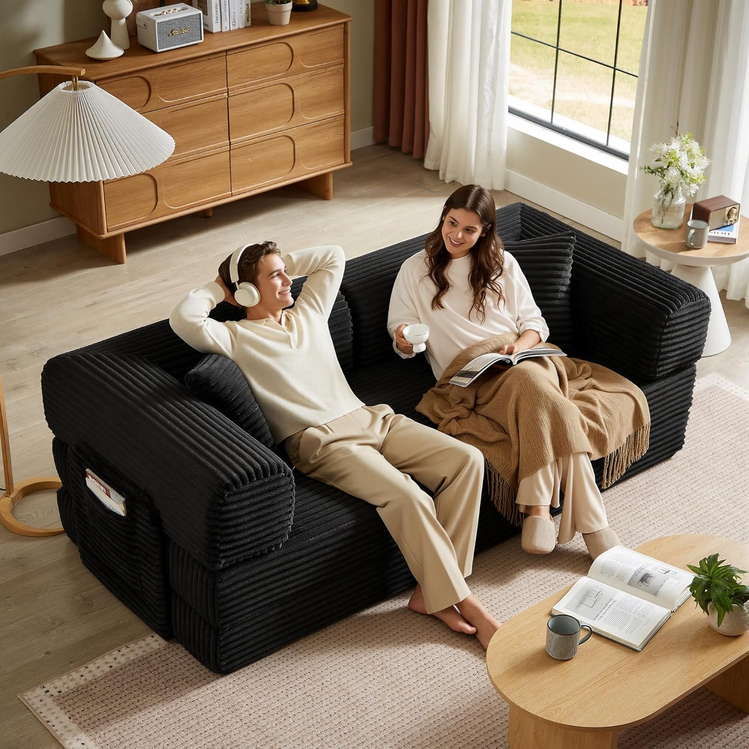 Boneless Couch Futon Sofa Bed Sectional Couches for Living Room,Cloud Couch with Sleeper Sofa,Sofas for Living Room Oversized Corduroy Upholstered (Black, 81 Inches (with Iron Frame))