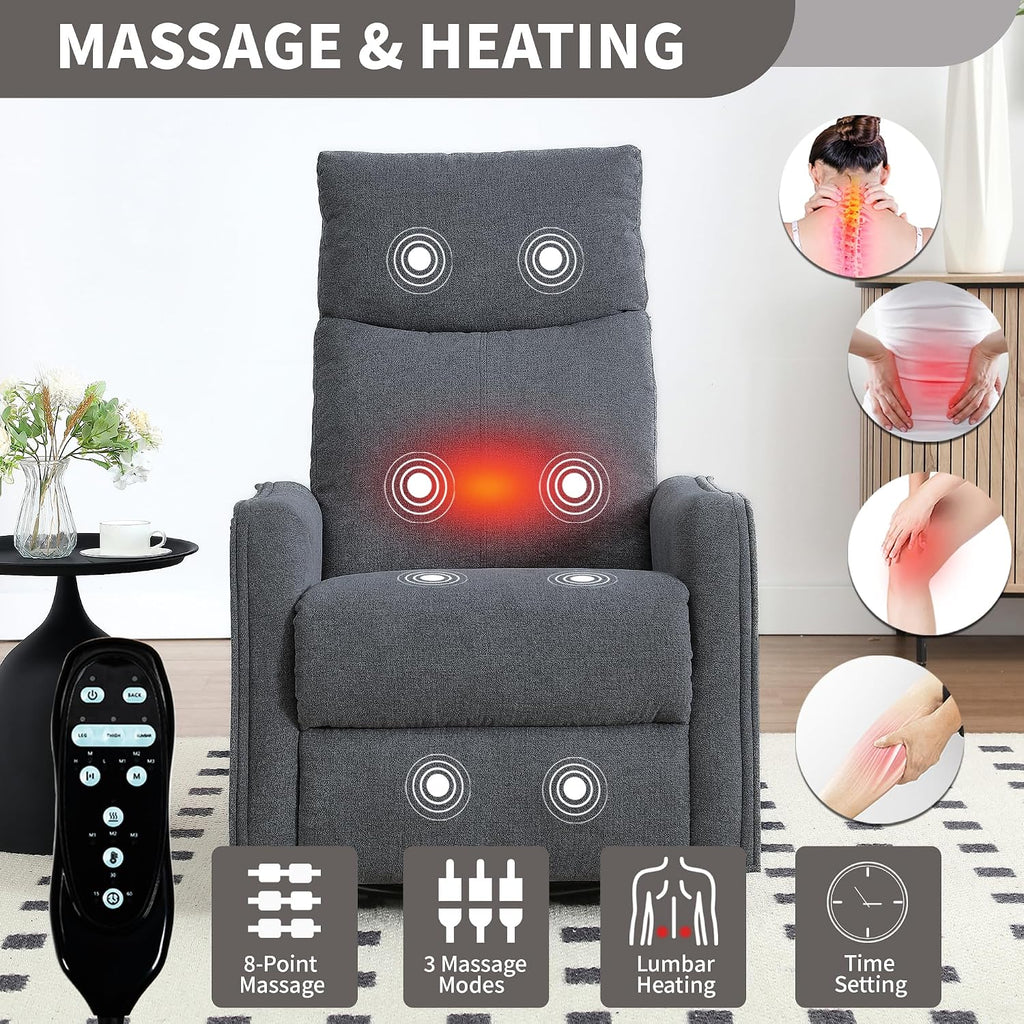 Massage Chair Recliner with Heat, 360° Swivel Glider Rocker with Reclining Backrest and Footrest, Manual Lazy Boy Recliners for Adults, Modern Nursery Rocking Chairs (Dark Grey)
