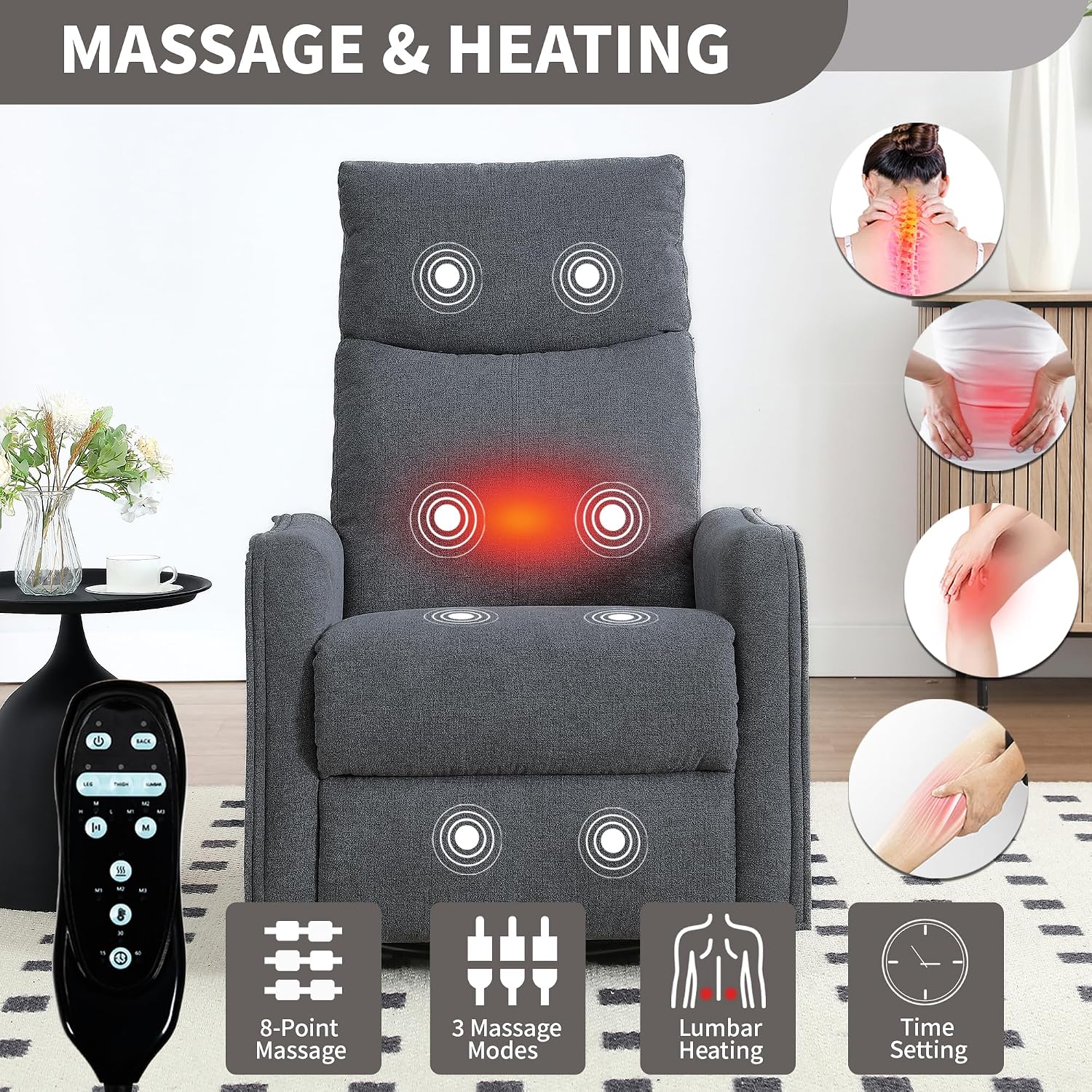 Massage Chair Recliner with Heat, 360° Swivel Glider Rocker with Reclining Backrest and Footrest, Manual Lazy Boy Recliners for Adults, Modern Nursery Rocking Chairs (Dark Grey)