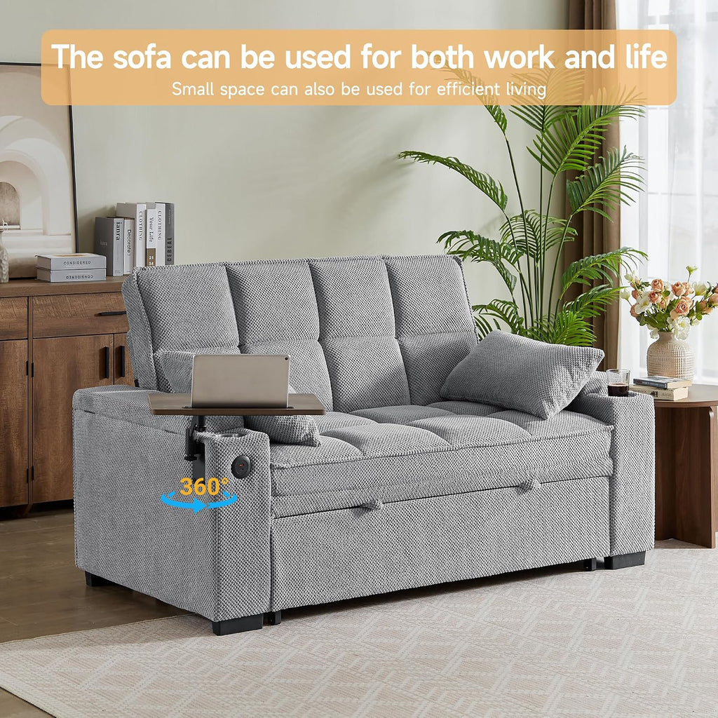 Auvsoce 65'' Chaise Lounge Chair Indoor, 3-in-1 Convertible Sofa Bed with Pull-Out Design, 360° Swivel Side Table, Modern Granular Velvet Couch Bed for Living Room, Small Space & Apartment-Friendly