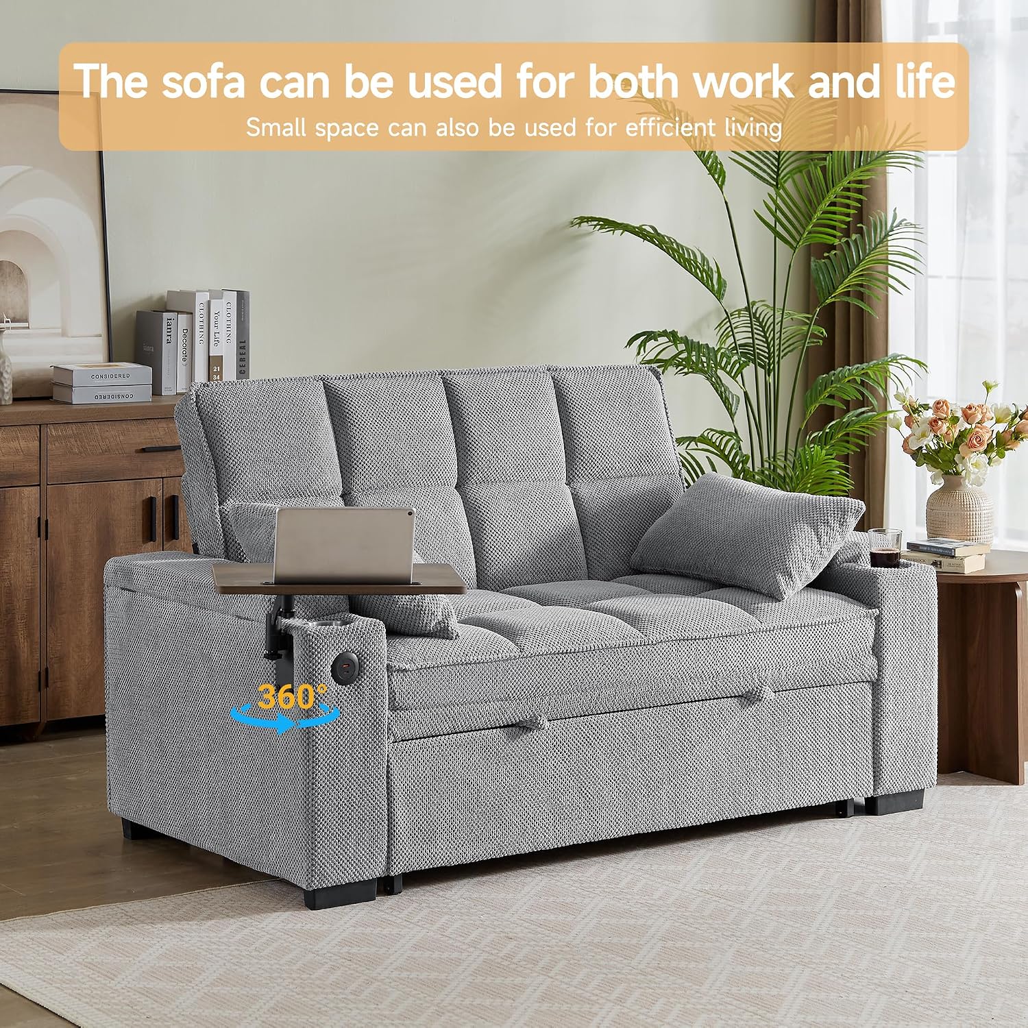 Auvsoce 65'' Chaise Lounge Chair Indoor, 3-in-1 Convertible Sofa Bed with Pull-Out Design, 360° Swivel Side Table, Modern Granular Velvet Couch Bed for Living Room, Small Space & Apartment-Friendly