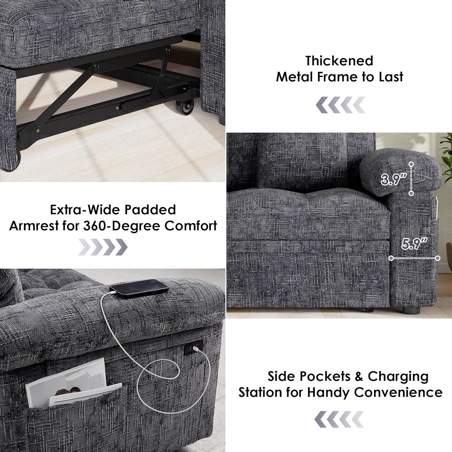 Keyluv 59' Loveseat Sleeper Sofa with USB Ports & Side Pockets, 3 in 1 Convertible Sofa Bed for Living Room/RVs/Camper, Pull Out Couch with Adjustable Backrest, Chenille Grey