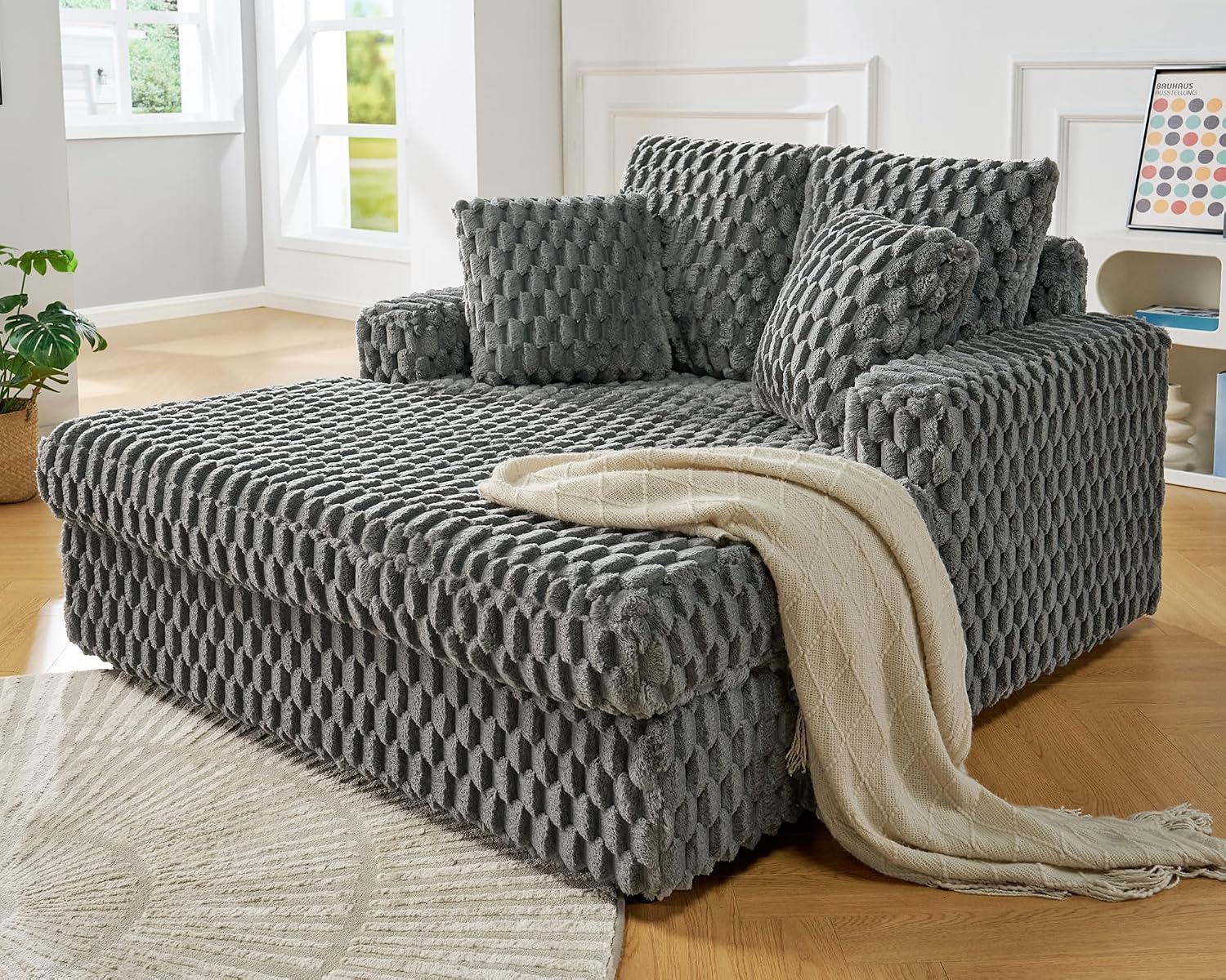 VanAcc 58-Inch Plush Sleeper Chair with Throw Pillows, Upholstered Chaise Lounge & Sofa Bed with Armrests for Living Room, Ash Grey