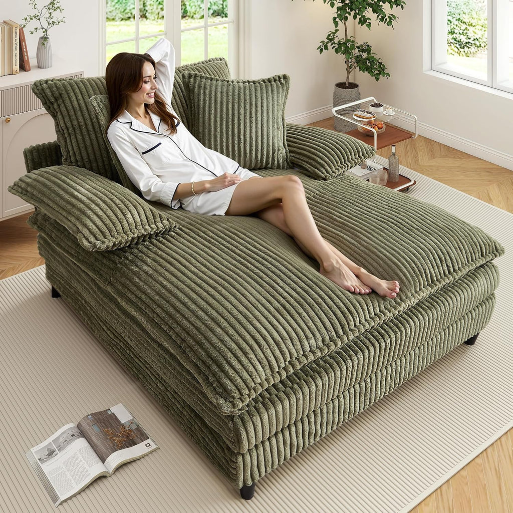 WESTSETLUX 54.8' W Oversized Chaise Lounge Chair Indoor with 5-Position Adjustable Backrest, Corduroy Sleeper Sofa Bed with 3 Pillows, Modern Cloud Couch Chair for Living Room, Bedroom, Green