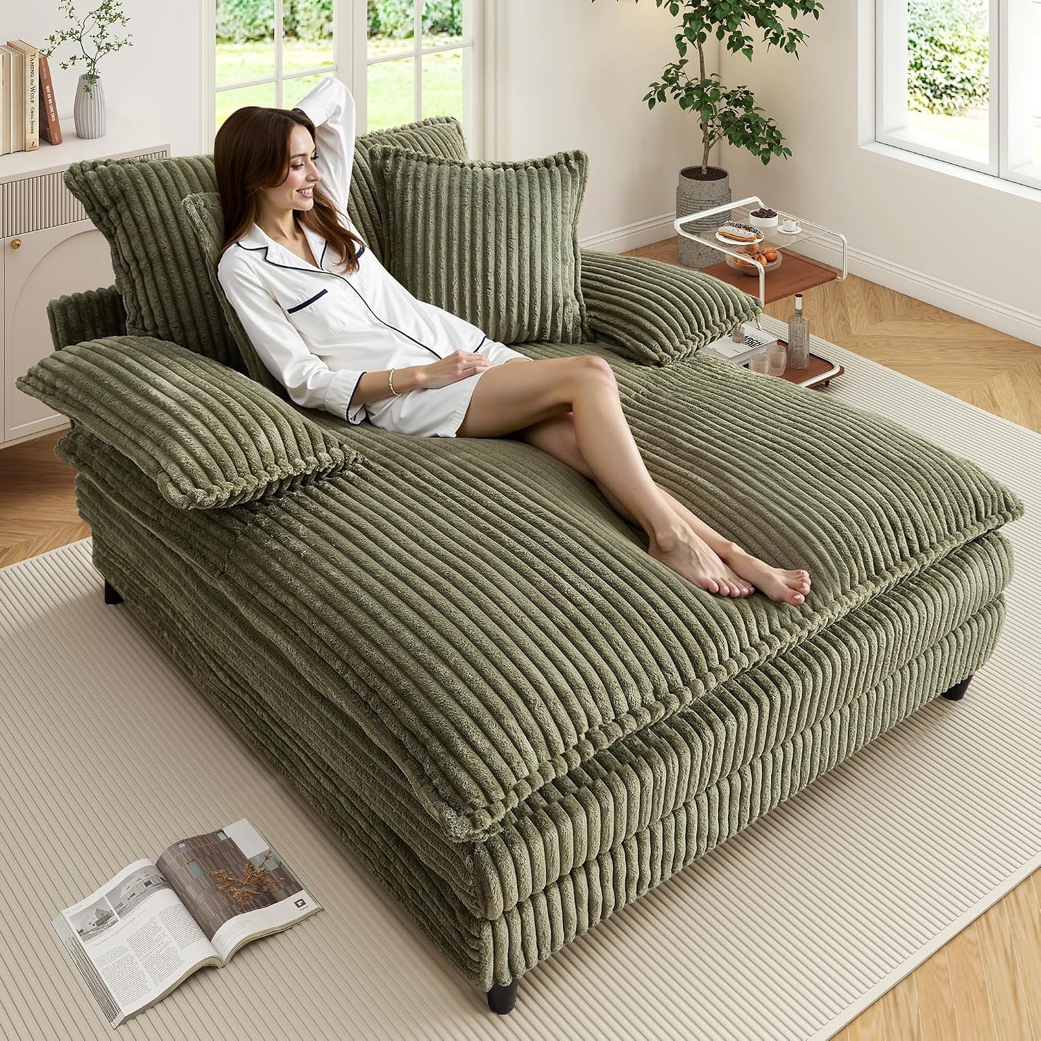 WESTSETLUX 54.8' W Oversized Chaise Lounge Chair Indoor with 5-Position Adjustable Backrest, Corduroy Sleeper Sofa Bed with 3 Pillows, Modern Cloud Couch Chair for Living Room, Bedroom, Green