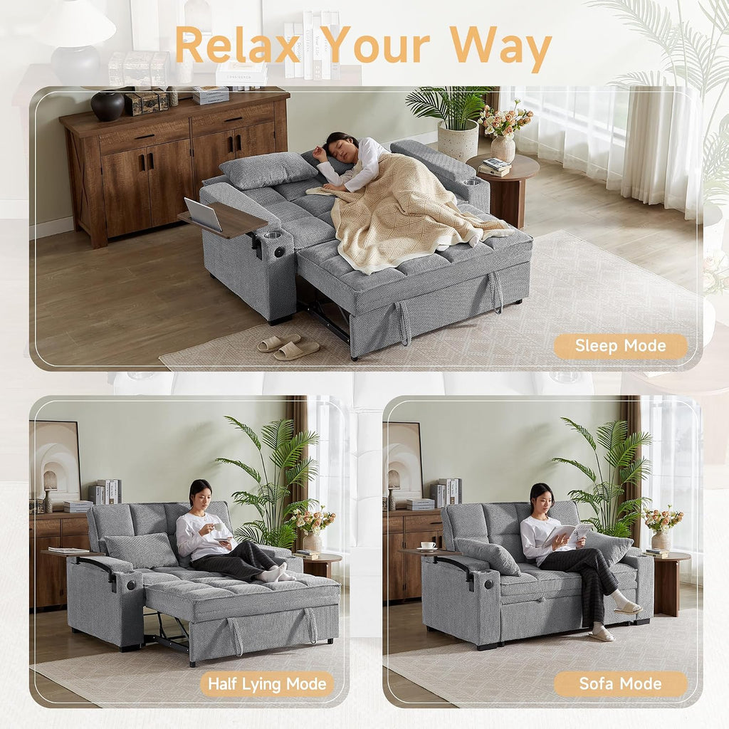 Auvsoce 65'' Chaise Lounge Chair Indoor, 3-in-1 Convertible Sofa Bed with Pull-Out Design, 360° Swivel Side Table, Modern Granular Velvet Couch Bed for Living Room, Small Space & Apartment-Friendly
