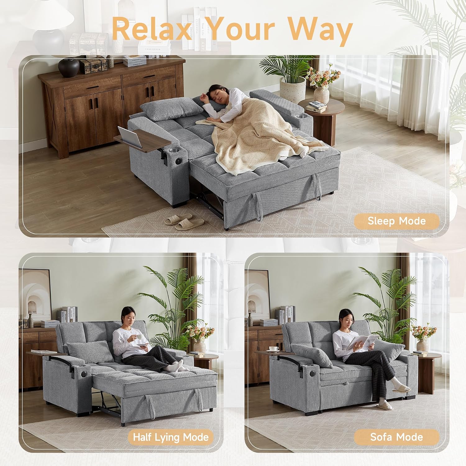 Auvsoce 65'' Chaise Lounge Chair Indoor, 3-in-1 Convertible Sofa Bed with Pull-Out Design, 360° Swivel Side Table, Modern Granular Velvet Couch Bed for Living Room, Small Space & Apartment-Friendly