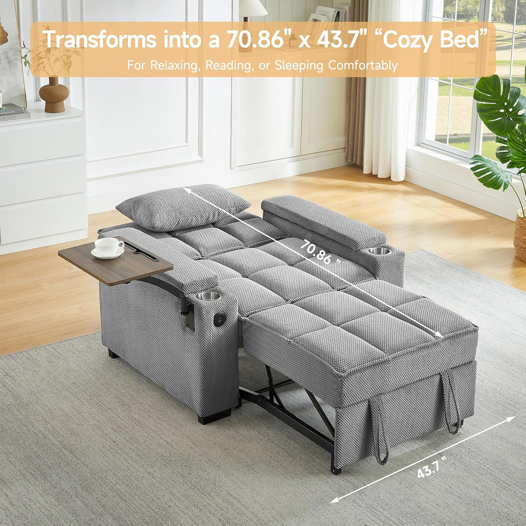 Large Size Convertible Sleeper Chair Futon Sofa Bed, Comfortable thick cushion Single Sleeper Sofa Handheld storage and Adjustable Backrest | Reading Chair with Rotating small table (light gray)