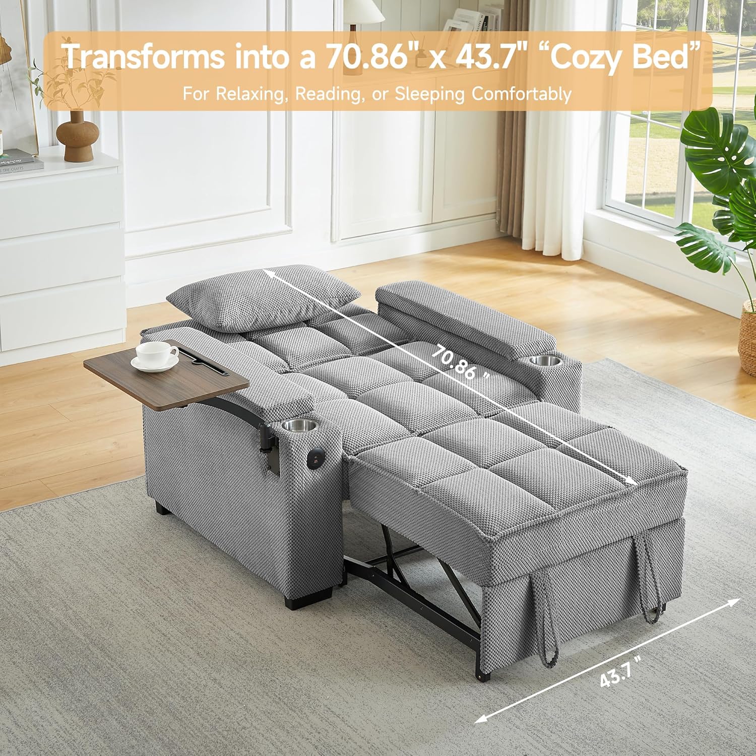 Auvsoce 3-in-1 Folding Convertible Sofa Bed Set of 2, Sleep Couch with Modern Chenille Fabric, 360° Swivel Side Table, Easy Assembly, Perfect for Living Room & Home Theater