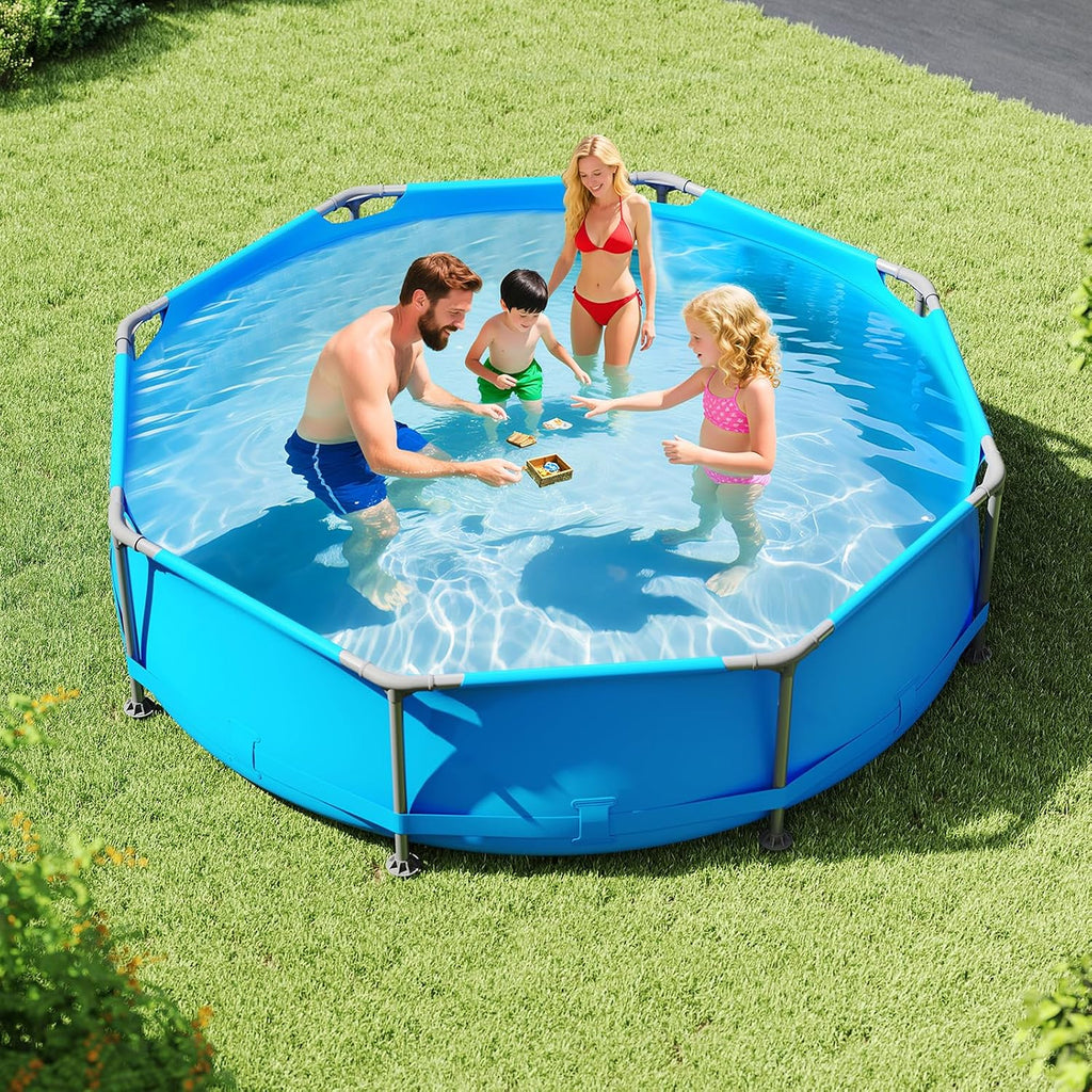 Goplus Above Ground Swimming Pool, 10' x 10' x 30'' Metal Frame Family Pool Set w/PVC Fabric, 3 Stoppers, Drainage Valve Connector, for Outdoor, Backyard, Garden, Patio (10' Round, 1158 Gal, Blue)