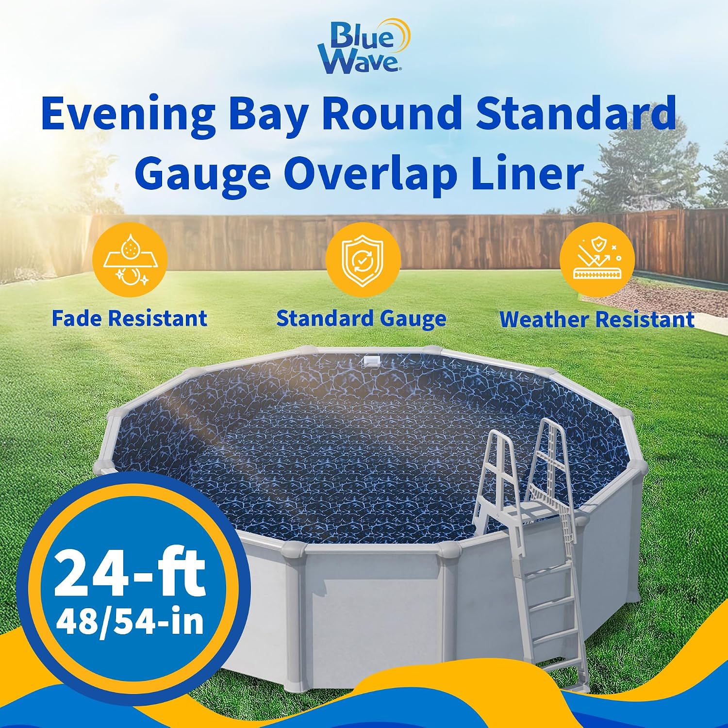 Blue Wave Evening Bay Overlap 24 ft Round Pool Liner for Above-Ground Steel Wall Pools – Weather Resistant Standard Gauge Vinyl with Welded Seams - Dark Blue, Fits 48/54-In Depth Walls