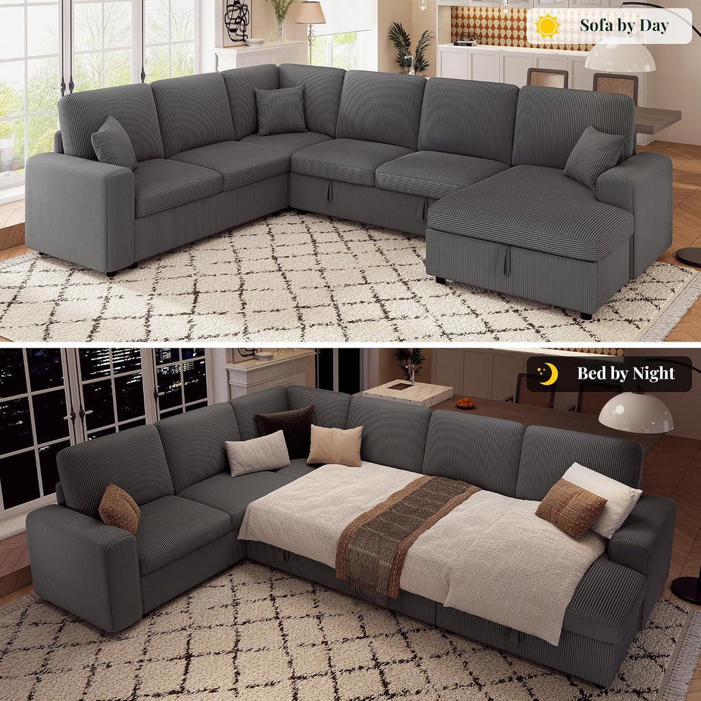 Jocisland 130' Sofa Bed, Sleeper Sofa, Pull Out Sleeper Couch with Storage, Convertible 6-Seater Sofa Bed for Living Room, Corduroy Grey
