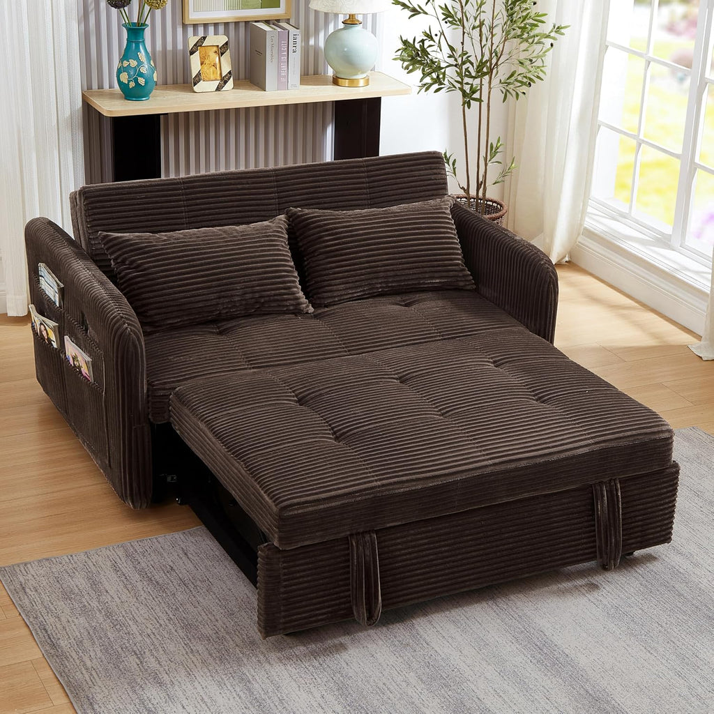 55.5' Corduroy Convertible Sofa Bed, Pull Out Sleeper Sofa Bed, Loveseat Couch with USB Charging Ports, 3 in 1 Convertible Sleeper Sofa Bed for Living Room, Apartment, Bedroom, RV, Beige