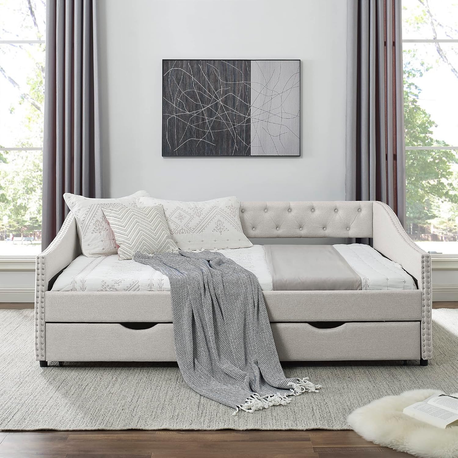 KEIKI Full Size Upholstery Daybed with 2 Drawers and Headboard, Mid-Century Style Tufted Sofa Bed with Button on Back, Easy Assembly, No Box Spring Required, for Living Room and Bedroom, Beige