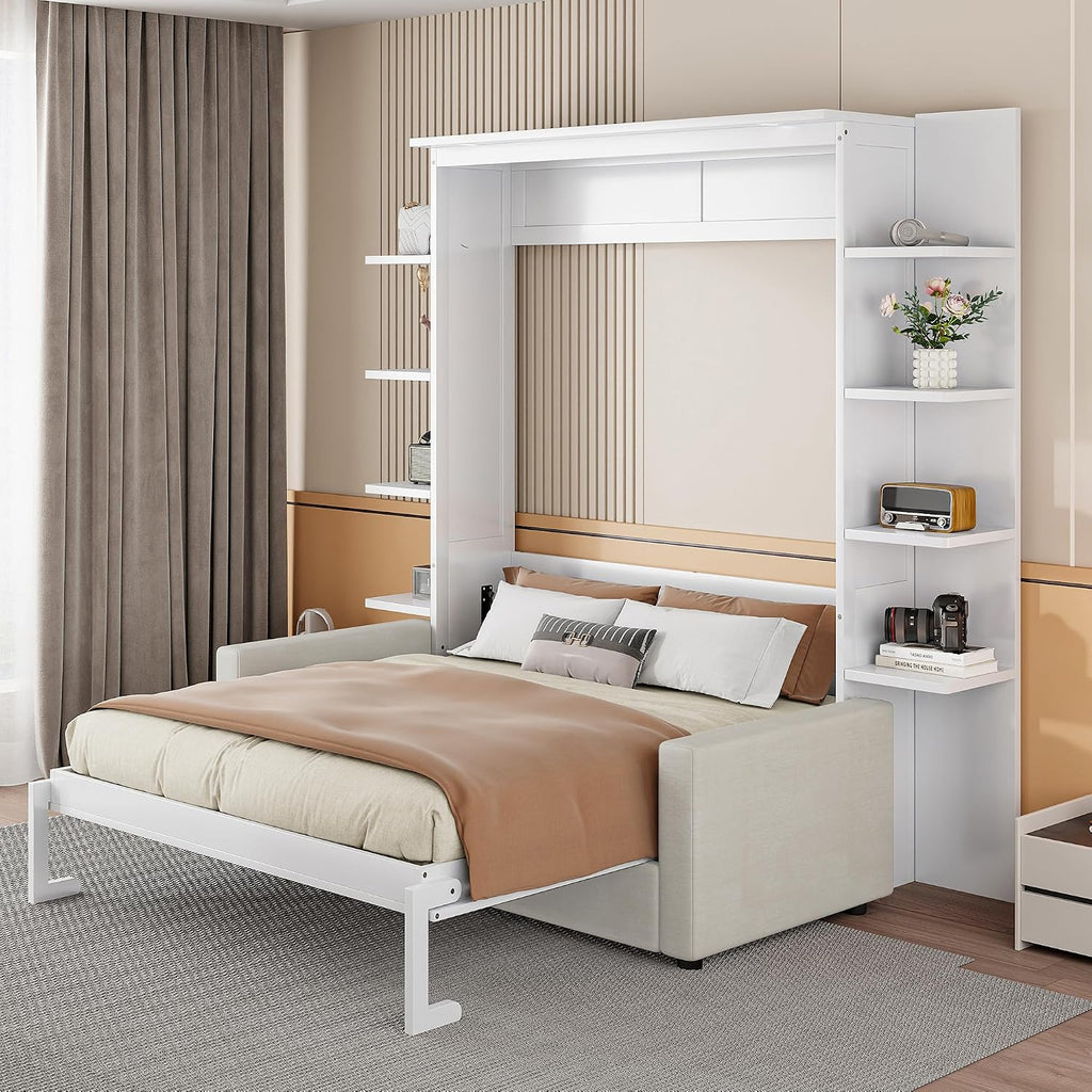 Merax Queen Size Murphy with Sofa and Shelves for Bedroom or Guestroom Wall Bed Space Saving Hidden Bed,No Need Fix to The Wall,Gray