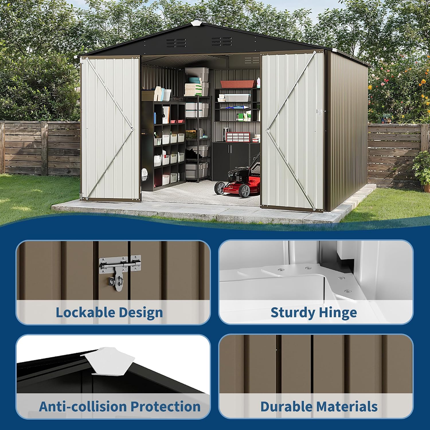GarveeLife 10 x 10 FT Outdoor Storage Shed,Metal Garden Sheds&Outdoor Storage Clearance, Large Tool Shed Outdoor with Single Lockable Door,Ideal Storage House for Backyard Garden Patio Lawn
