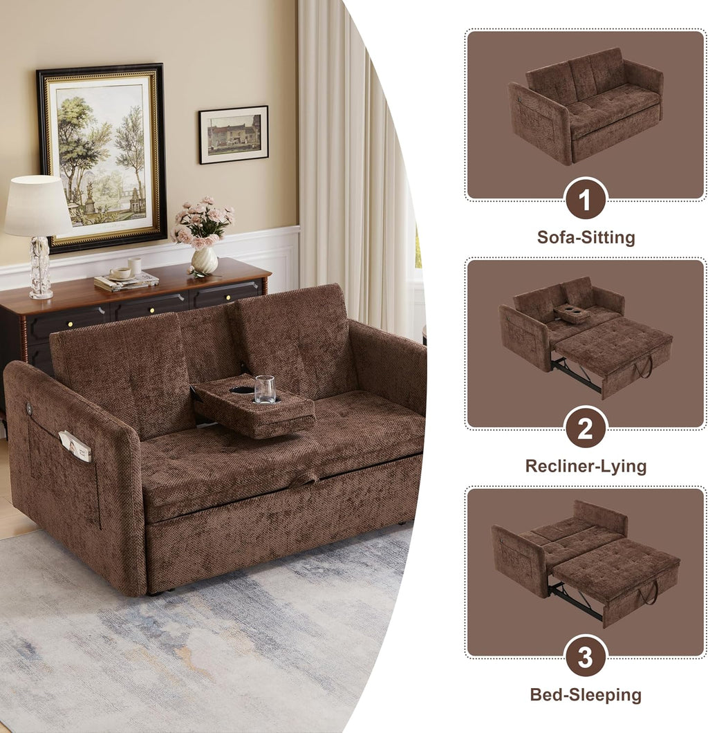 57.48' Convertible Sofa Bed with Cup Holder, Pull Out Sleeper Sofa Bed with USB Charging Ports, 3 in 1 Convertible Sleeper Sofa Bed for Living Room, Apartment, Bedroom, RV, Brown