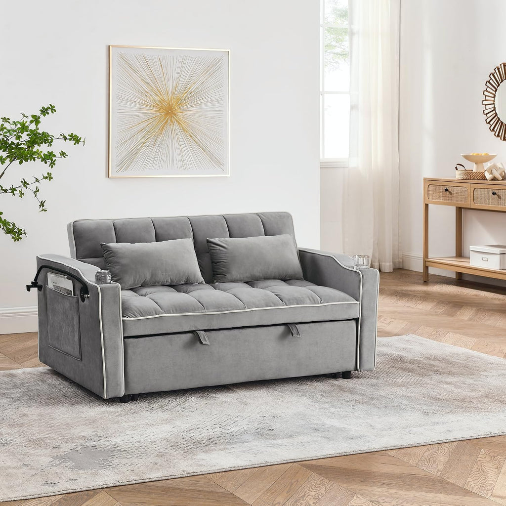 Merax Foldable Sofa Bed with 2 USB Charging Ports, Pull Out Velvet Loveseat Sleeper with Phone Holder, Modern Futon Couch with Cup Holders & Adjustable Backrest for Living Room,Grey