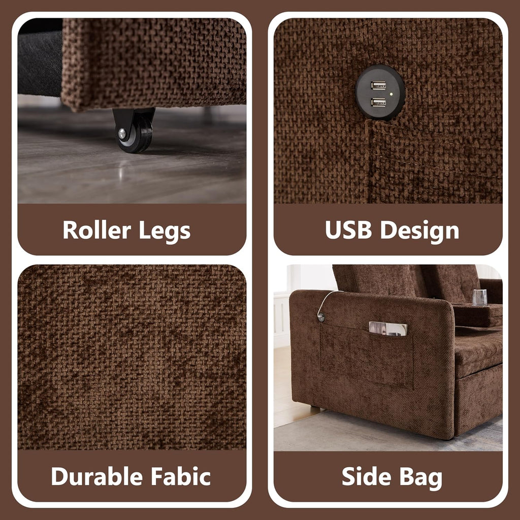 57.48' Convertible Sofa Bed with Cup Holder, Pull Out Sleeper Sofa Bed with USB Charging Ports, 3 in 1 Convertible Sleeper Sofa Bed for Living Room, Apartment, Bedroom, RV, Brown