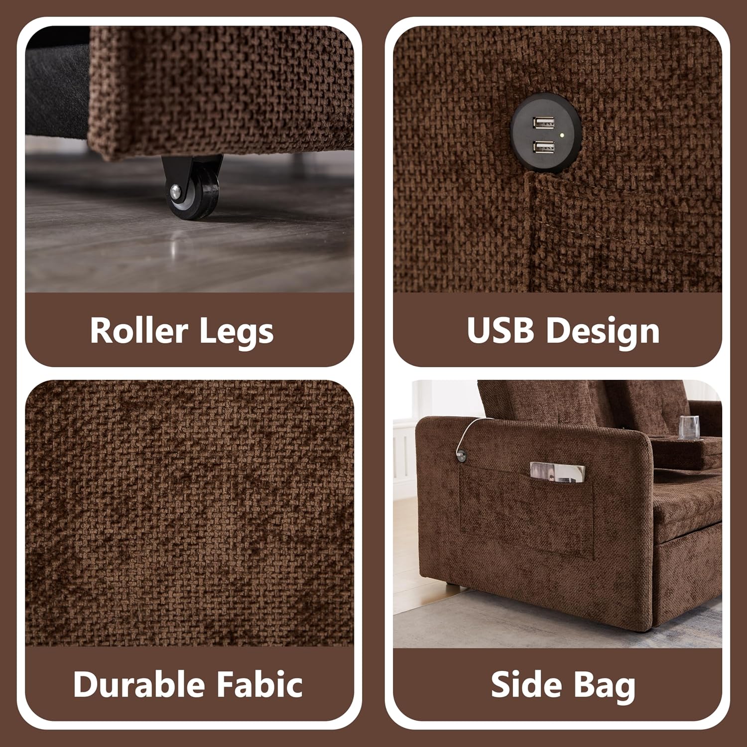 57.48' Convertible Sofa Bed with Cup Holder, Pull Out Sleeper Sofa Bed with USB Charging Ports, 3 in 1 Convertible Sleeper Sofa Bed for Living Room, Apartment, Bedroom, RV, Brown