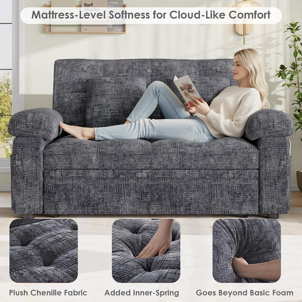 Keyluv 59' Loveseat Sleeper Sofa with USB Ports & Side Pockets, 3 in 1 Convertible Sofa Bed for Living Room/RVs/Camper, Pull Out Couch with Adjustable Backrest, Chenille Grey