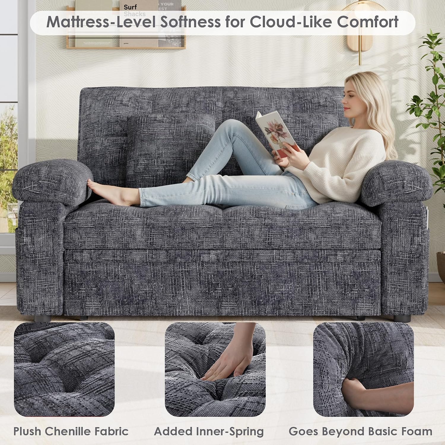 Keyluv 59' Loveseat Sleeper Sofa with USB Ports & Side Pockets, 3 in 1 Convertible Sofa Bed for Living Room/RVs/Camper, Pull Out Couch with Adjustable Backrest, Chenille Grey
