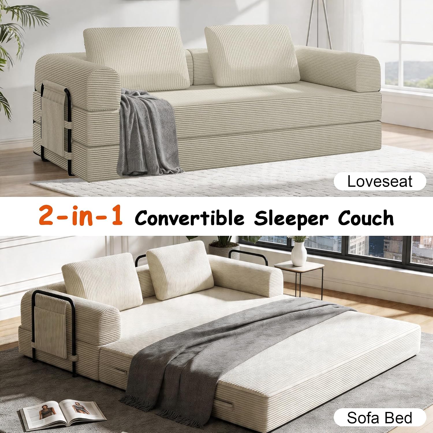 78' Convertible Sofa Bed, 5-in-1 Boneless Sleeper Sofa with with Fixed Frame & Pocket, Corduroy Pull Out Couch with 2 Pillows, Couch Bed for Living Room, Small Spaces, Bedroom, No Assembly