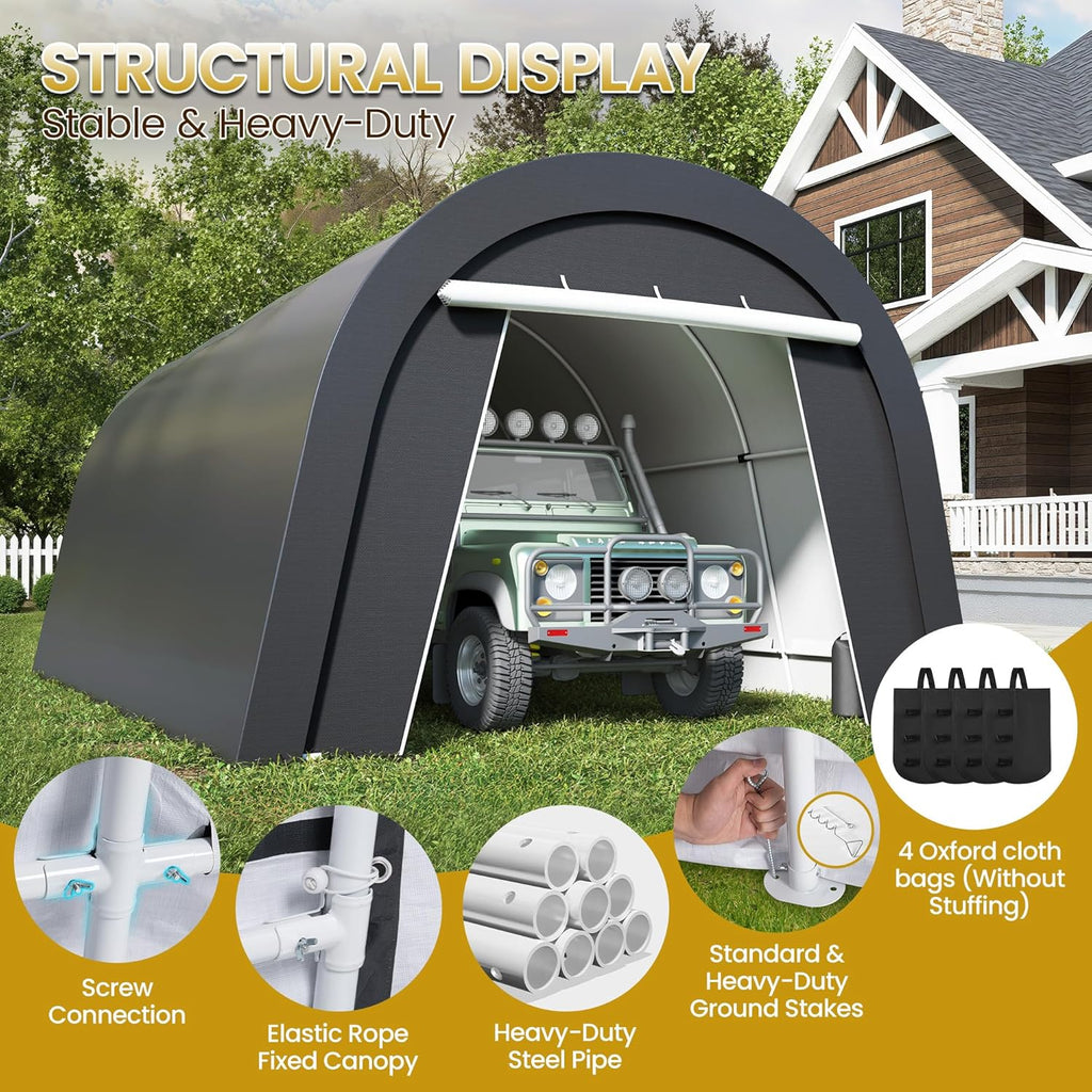 Kiss the Water Domed Carport with 4 Cloth Bags, Portable Garage with 2 Roll-up Doors, Heavy Duty Car Canopy Party Tent, All-Season Storage Shelter Shed for Cars, Truck, or Garden Tools, 13' x 20'