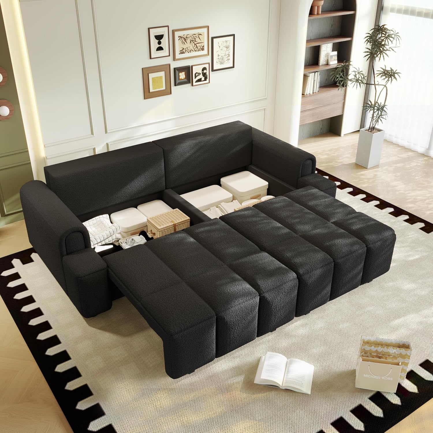 KEIKI 90.2' Modern 3-in-1 Sleeper Sofa Bed – Teddy Fabric 4-Seater Couch with Storage, King Size Convertible Sofa for Office, Guest Room, Home Workspace, Reclining Sofa Bed with Casters