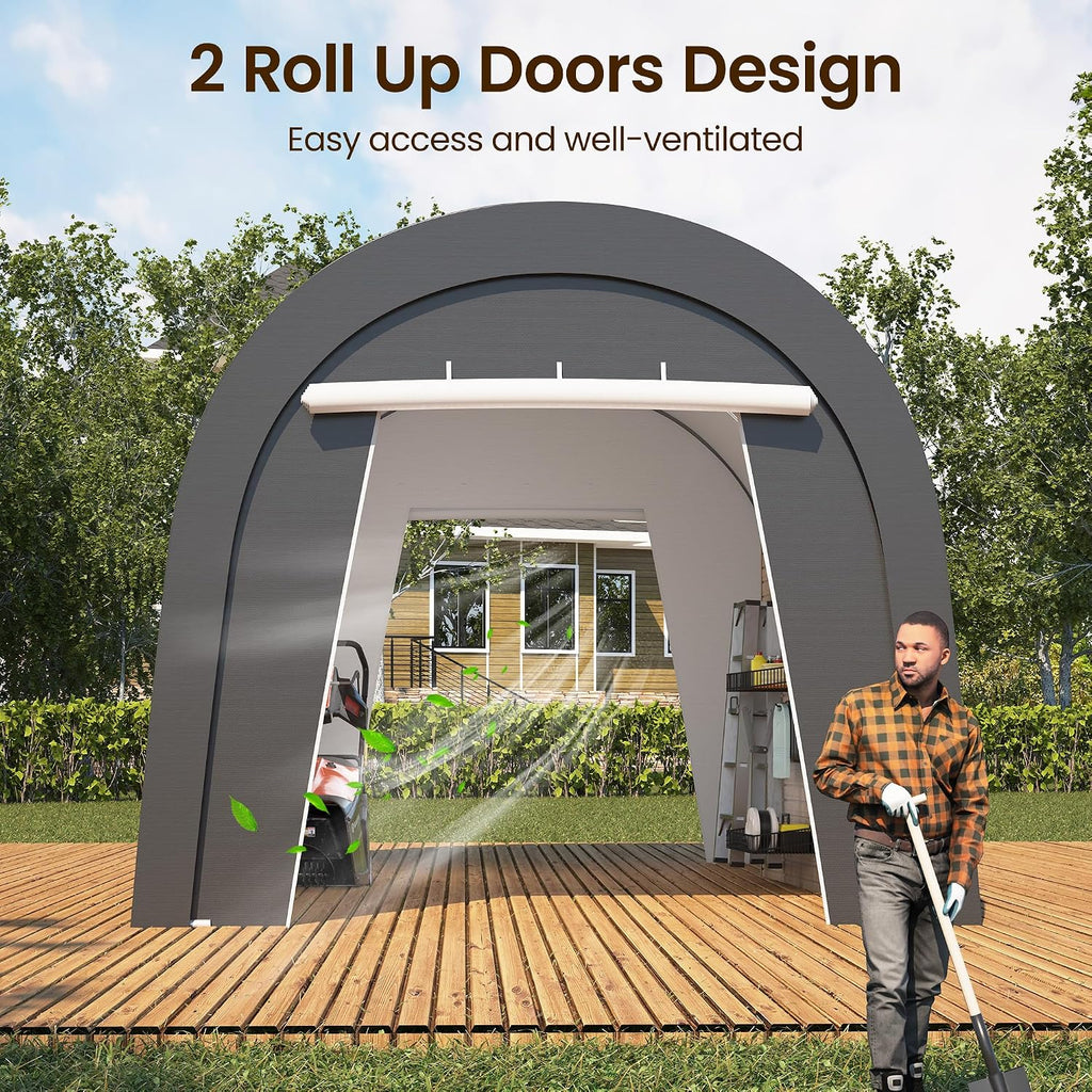 Kiss the Water Domed Carport with 4 Cloth Bags, Portable Garage with 2 Roll-up Doors, Heavy Duty Car Canopy Party Tent, All-Season Storage Shelter Shed for Cars, Truck, or Garden Tools, 10' x 15'