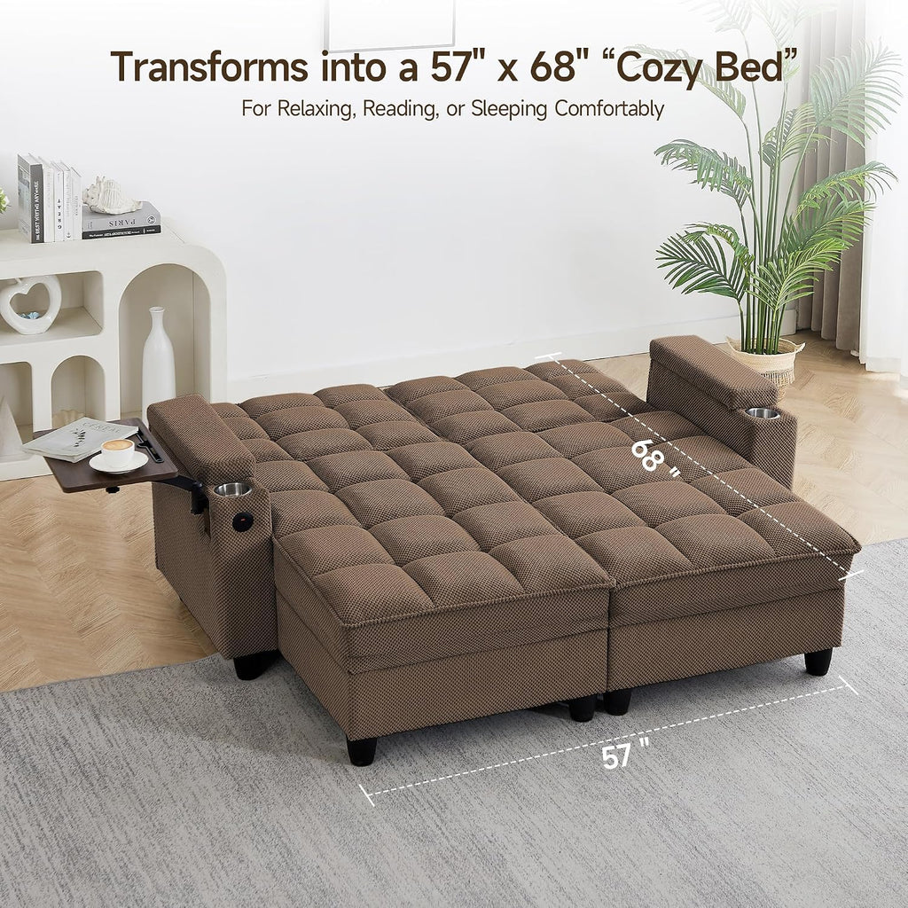 oaaktu 70.9'' Double Chaise Lounge with 360 Degree rotatable Side Table, Comfy Corduroy Indoor Lounge Chair with Armrest Storage, Cup Holder, USB Port, and Pillow for Living Room or Bedroom (Coffee)