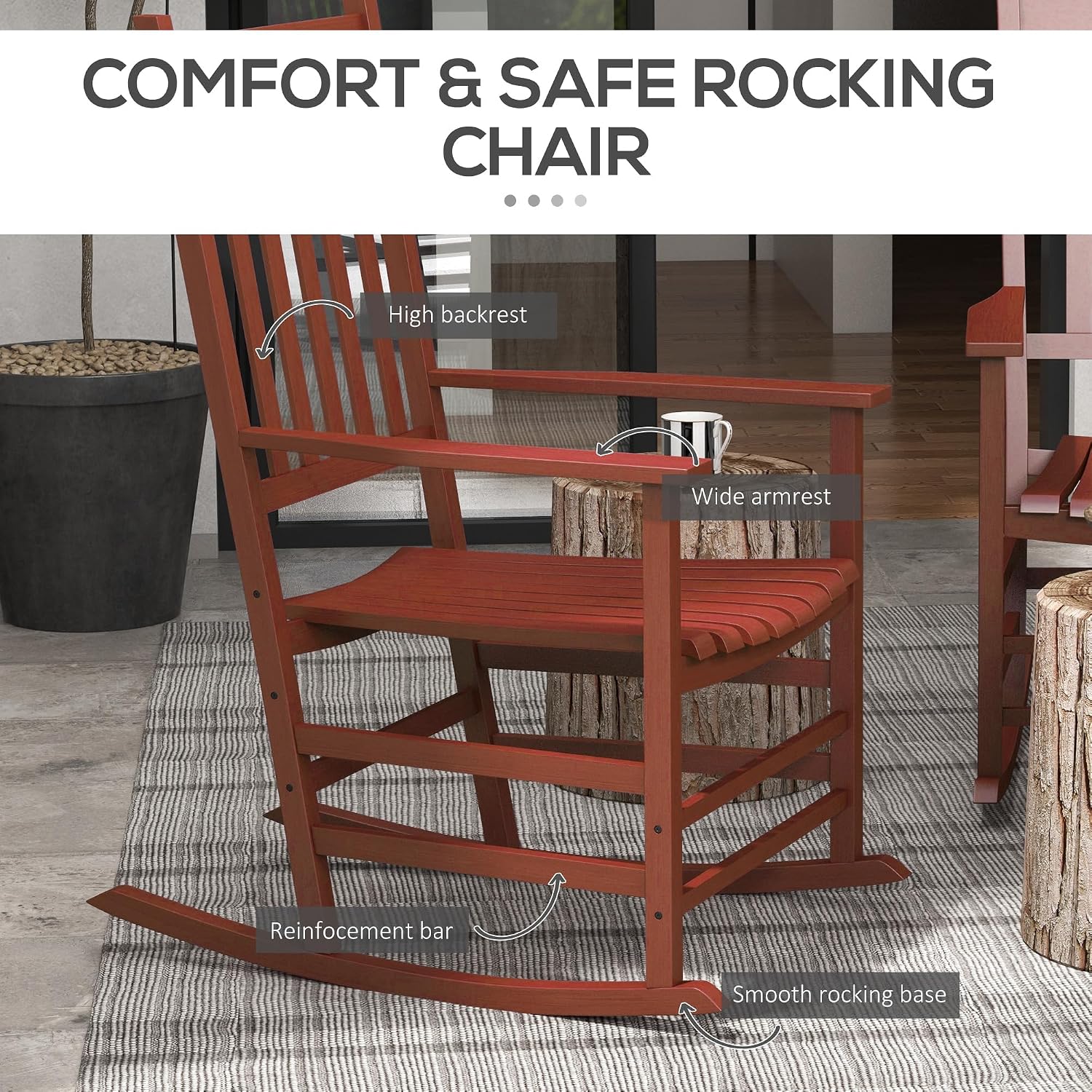 Outsunny Outdoor Rocking Chair Set of 2, Patio Rocking Chair with Smooth Curves, High Density Wooden Rockers for Lawn Garden Porch, Supports Up to 350lbs, Wine Red