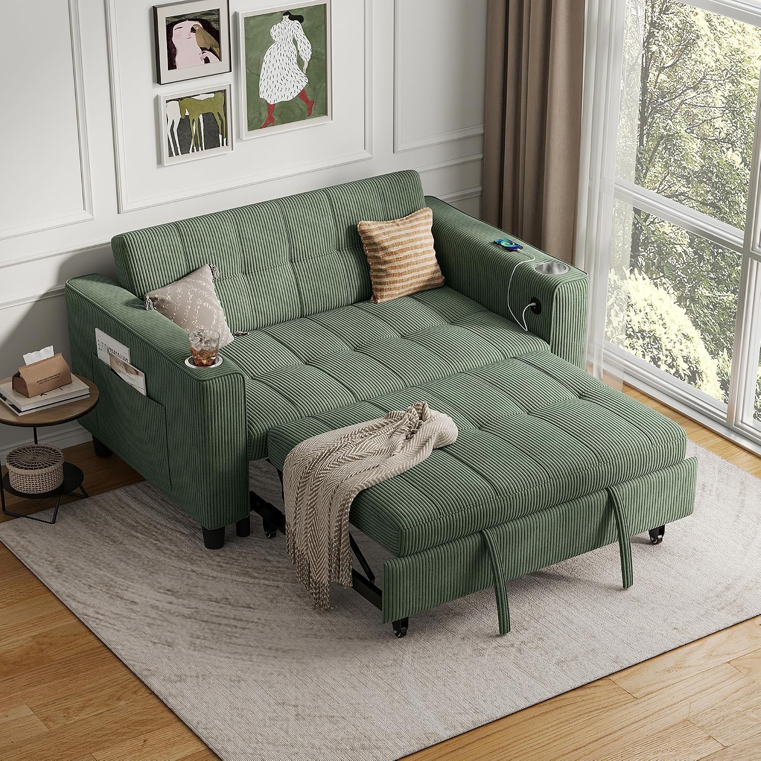 LINSY 3-in-1 Convertible Sofa Bed, 54' Pull Out Sleeper Sofa with Charging Station & Cup Holder, Small Corduroy Couch Folding Loveseat with Side Pocket for Small Space, Green