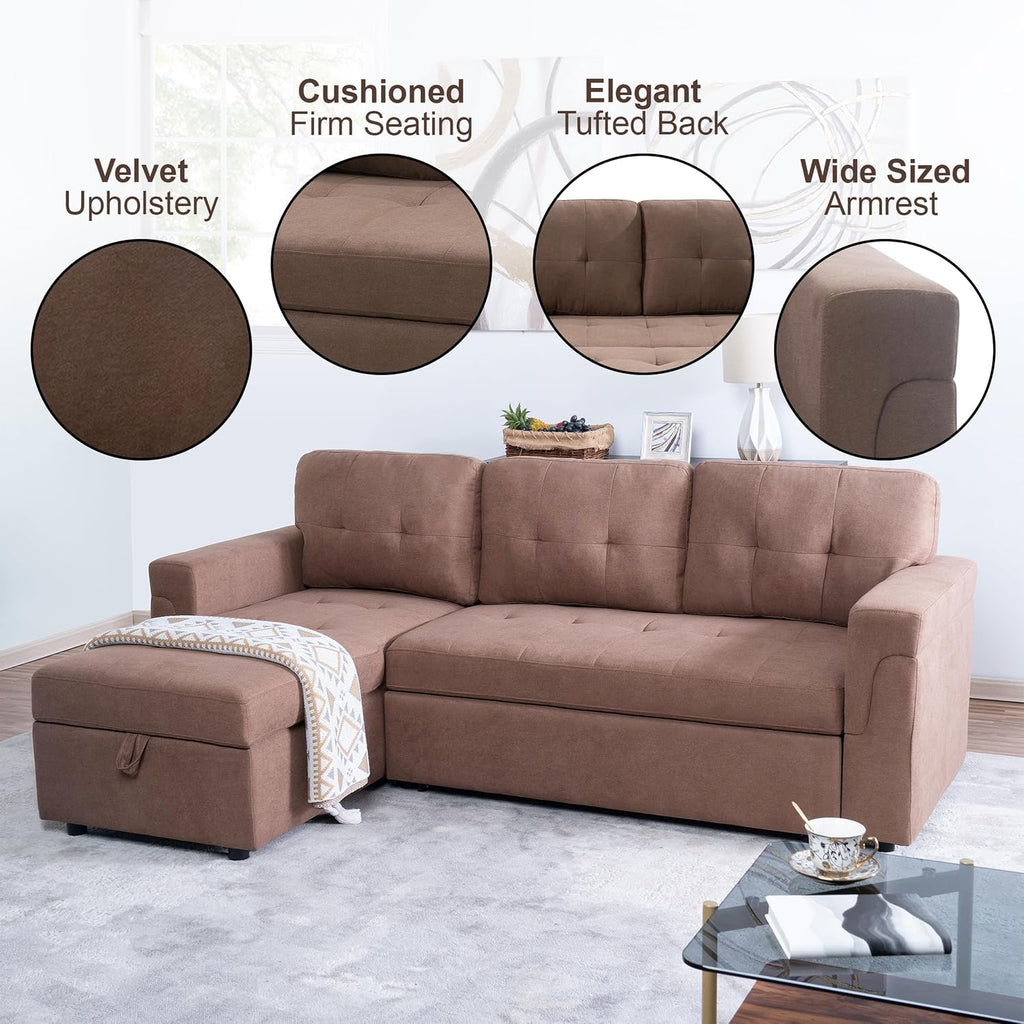 Naomi Home L Shaped Sectional Couch with Storage & Pull Out Bed – 3-in-1 Convertible Sleeper Sofa Bed, Small L Shape Sofa for Living Room, Sofa Bed with Storage Chaise in Mocha, Velvet