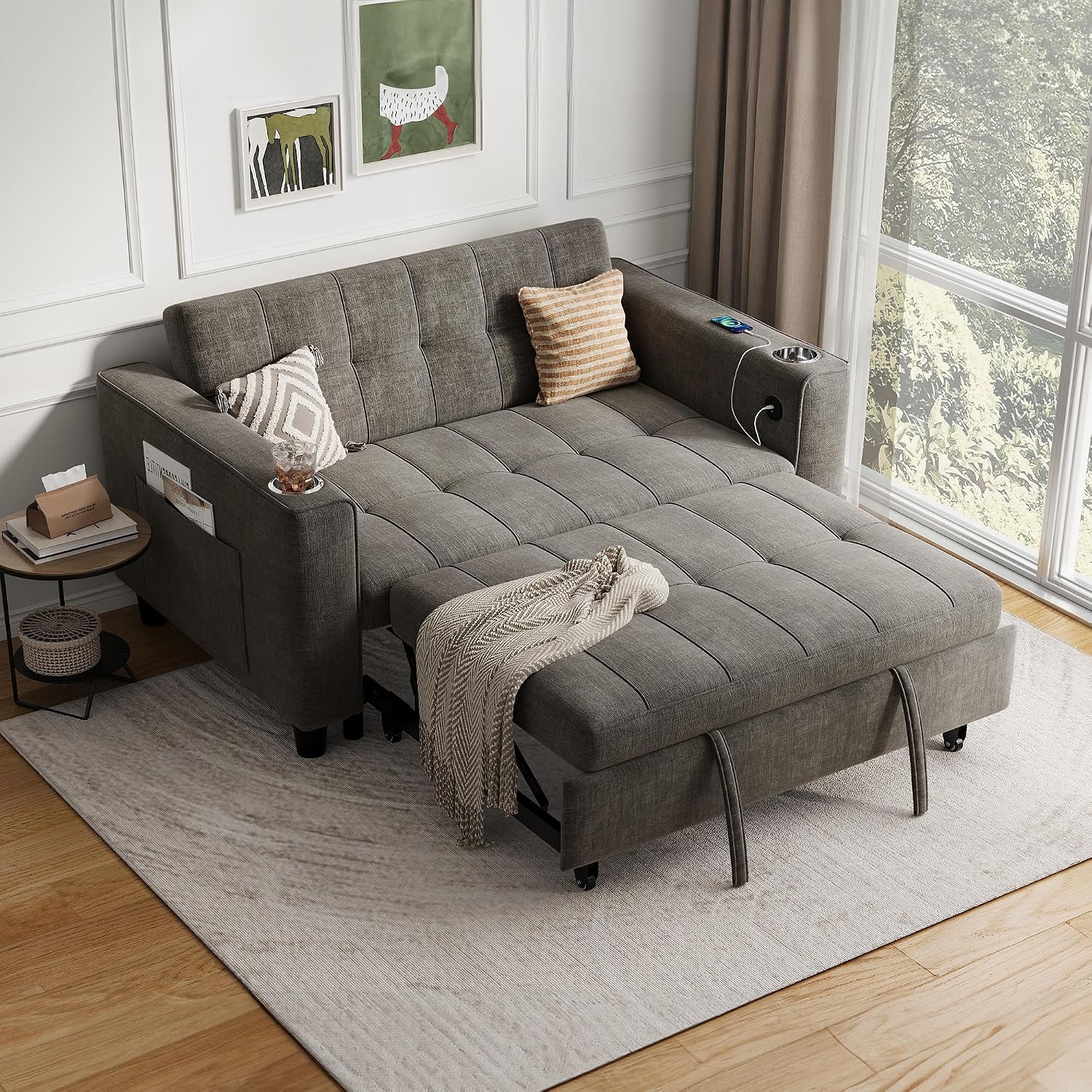 LINSY 3-in-1 Convertible Sofa Bed, 54' Pull Out Sleeper Sofa with Charging Station & Cup Holder, Small Folding Loveseat with Side Pocket for Small Space, Dark Gray