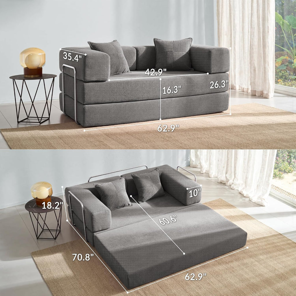 YINIX Foldable Sofa Bed, 62'' Folding Floor Couch, Compressed Convertable Sleeper Sofa, Memory Foam Couch with Pillow Back Support Armrest, 4-in-1 Futon Sofa Bed for Living Room, Light Gray