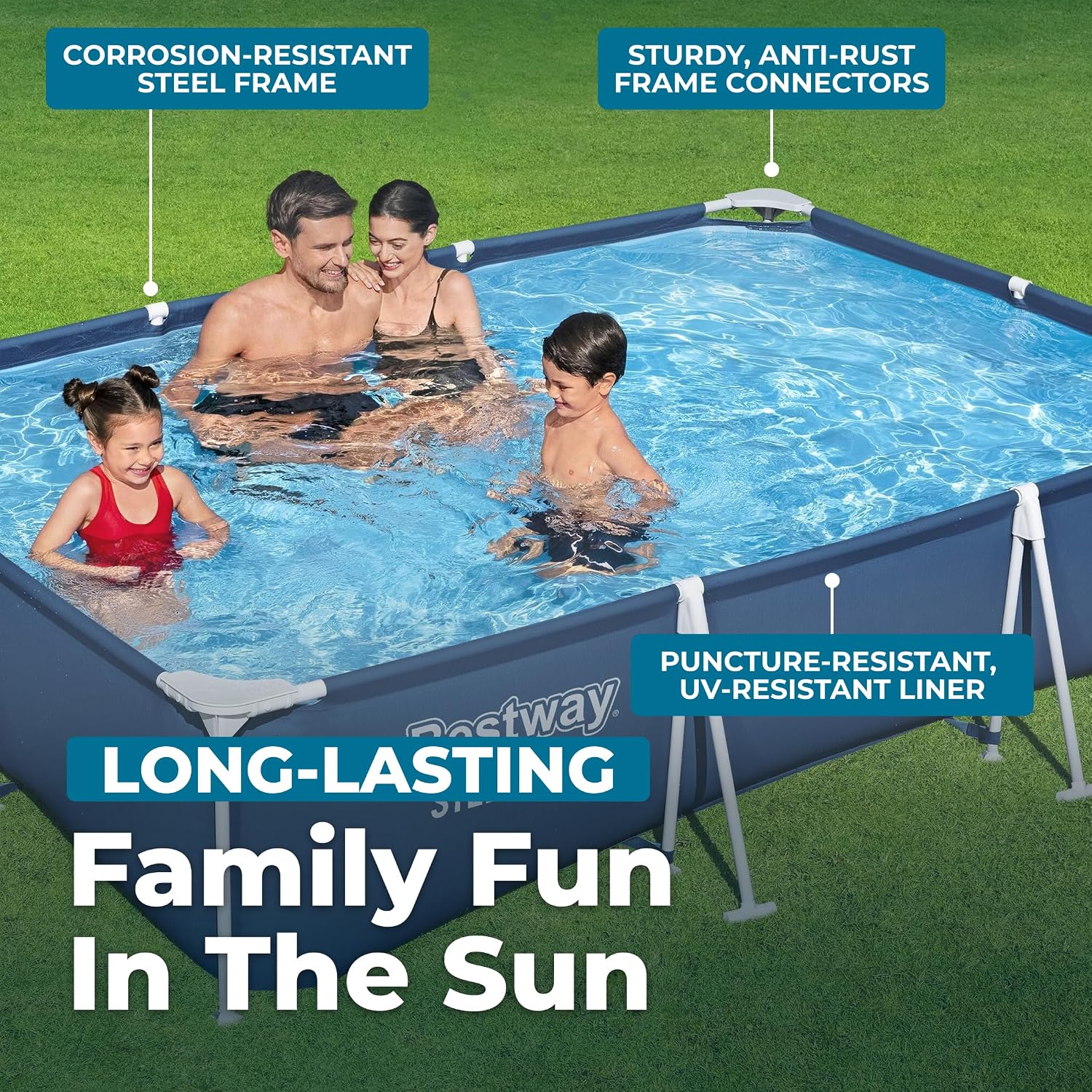 Bestway Steel Pro 9.8' x 6.6' x 26' Above Ground Pool, Rectangular Metal Frame Outdoor Swimming Pool Set with Filter Pump & Type I Cartridge, Blue
