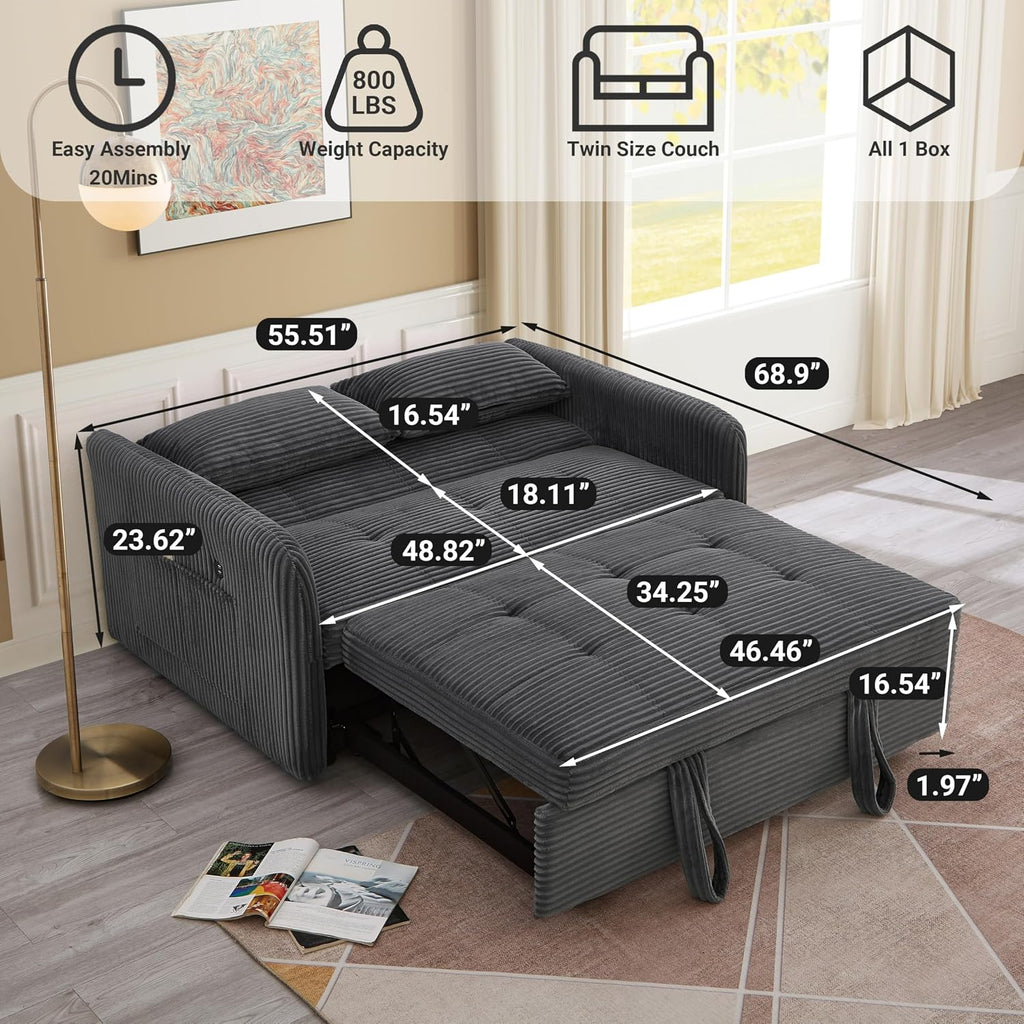 55.5' Corduroy Convertible Sofa Bed, Pull Out Sleeper Sofa Bed, Loveseat Couch with USB Charging Ports, 3 in 1 Convertible Sleeper Sofa Bed for Living Room, Apartment, Bedroom, RV, Grey