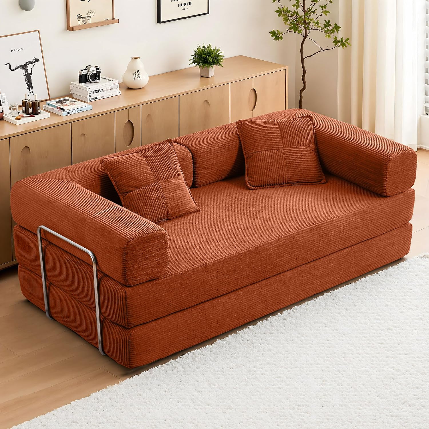 Compression Sofa - 78''Convertible Floor Sofa Bed - with Pillow Back Support Armrest - Comfy Foldable Sofa Bed Compressed Sofa in Box - Corduroy Fabric - for Living Room - Bright Orange