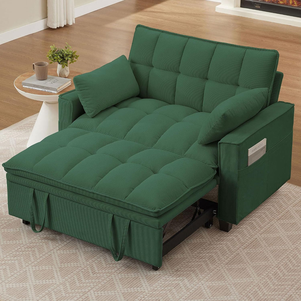 Sleeper Sofa with Pull Out Couch Bed, 48' Convertible Pull-Out Sofa Bed Chair, 3-in-1 Futon Couch with Reclining Backrest and Side Pockets for Living Room Bedroom Apartment, Green